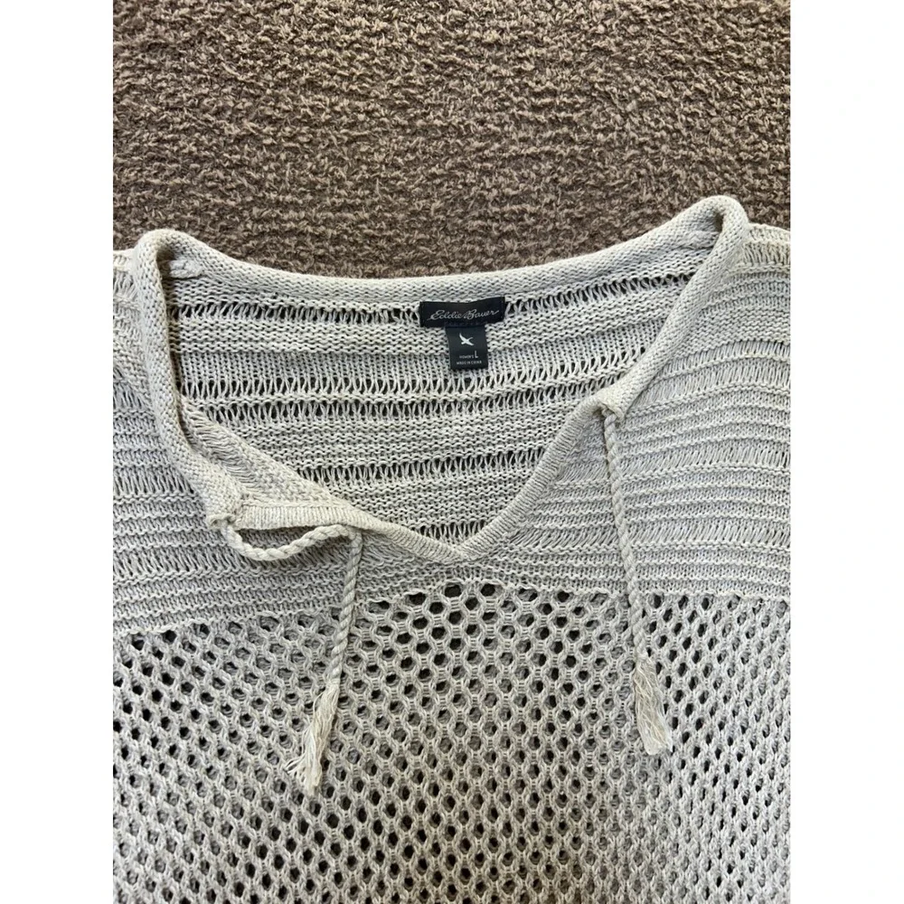 Eddie Bauer Womens Beige Linen Cotton Open Knit Mesh V-Neck Tassel Sweater Large